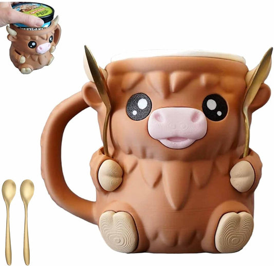 Highland Cow Ice Pint Holder, Cute Ice Cream Pint, 3D Printed Reusable Popsicle Containers, Dessert Cup, Beer Can Holders, With Antifreeze Handle and Two Spoons, Gift for Cream Lovers(Brown