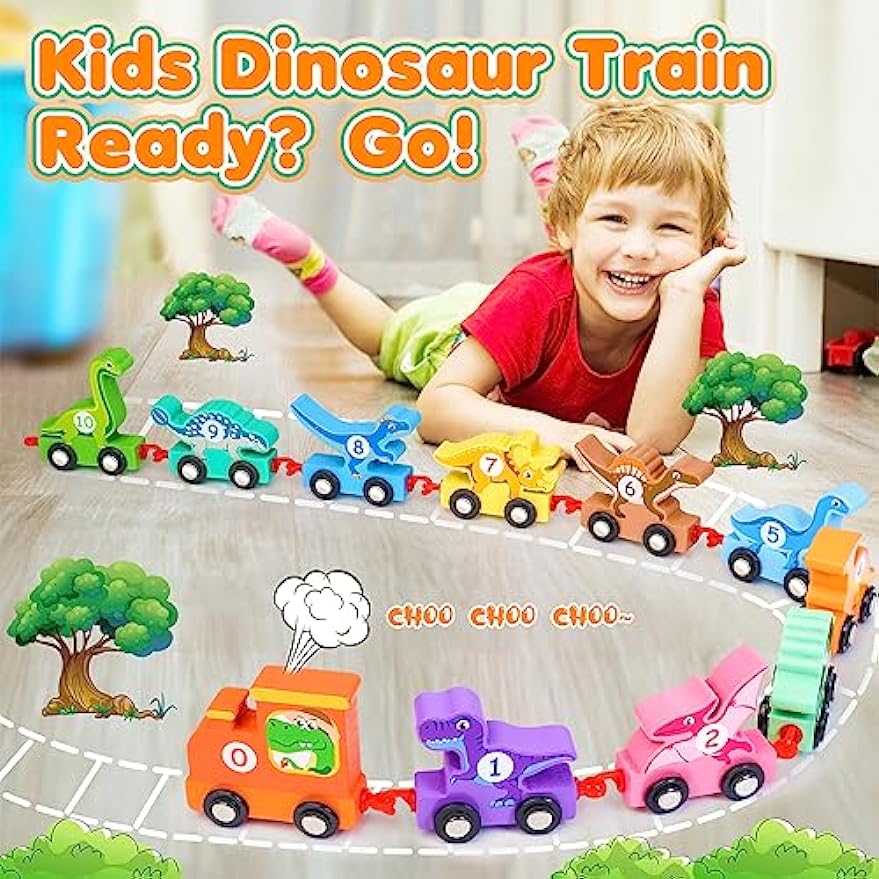 Toddler Dinosaur Toys Age 2-4: IPOURUP Wooden Dinosaurs Train Set Montessori Educational Toys for 2 3 4 5 6 Year Old Boys Girls Kids Birthday Gifts 11 PCS Trains Car with Numbers for Toddlers Toy Gift - Cykapu