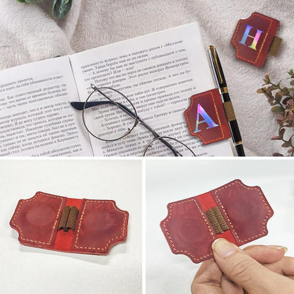 Bookmark with Pen Holder, 26 Letters Laser Sticker Personalized Magnetic Bookmarks Leather, Name Book Marker Clip with Initial for Men Women, Gifts for Bookmarks Book Readers Lovers