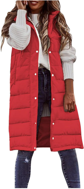 Women's Long Puffer Vest Jacket Sleveless Hoodies Full Zipper Sleeveless Down Coats Thickened Warm Windbreakers Cykapu