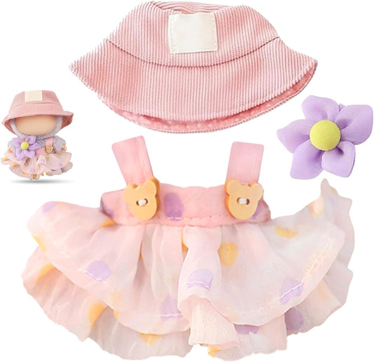 Pink Doll Clothes Compatible with 15cm & 17cm, 3 Piece Set Fashion Hat Skirt Flower Outfit Premium Cute Dress