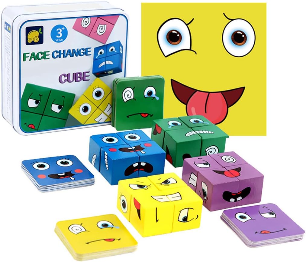 Speed Cube Wooden Expressions Matching Block Puzzles Cute Portable Face-Changing Cube Building Cubes Blocks