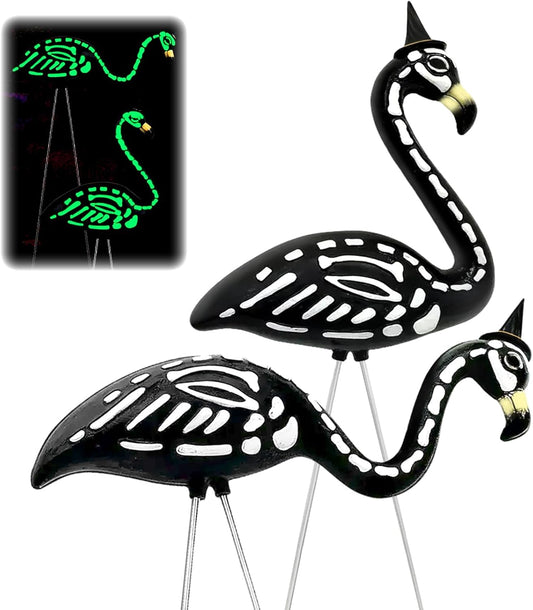 Halloween Decorations 2 Pack Black Flamingo Skeleton,Skeleton Flamingo Glow in The Dark, Zombie Flamingos