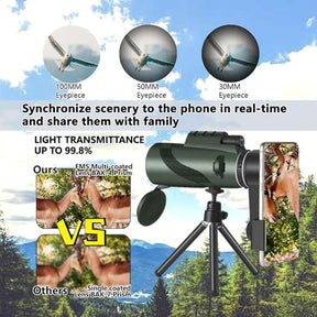 80x100 Monocular Telescope High Powered Monoculars for Adults Compact Monocular for Smartphone Adapter, Handheld Telescope with Tripod for Bird Watching Hunting Camping Travel