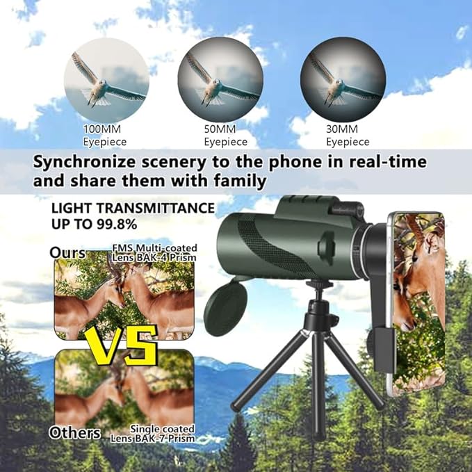 80x100 Monocular Telescope High Powered Monoculars for Adults Compact Monocular for Smartphone Adapter Cykapu