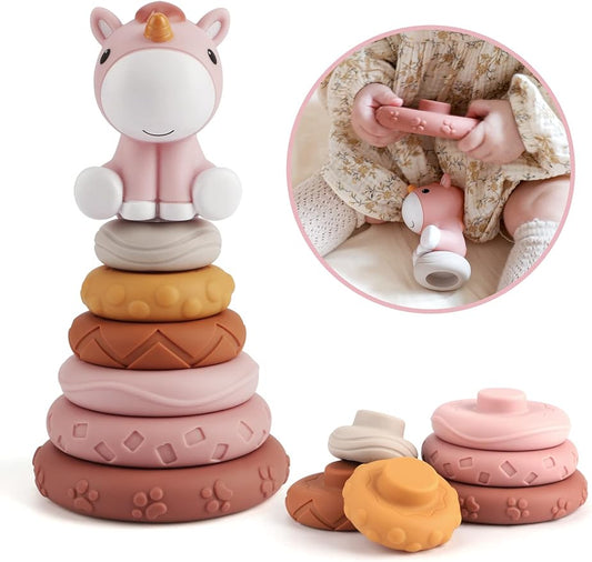 7 Pcs Stacking & Nesting Baby Toys, Squeeze Teething Baby Toys and Building Circle with Pink Horse Figure