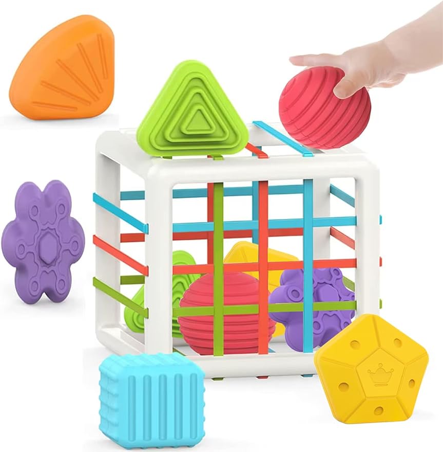 Montessori Toys for 1 Year Old,Baby Sorter Toy Colorful Cube and 6 Pcs Multi Sensory Shape - Cykapu