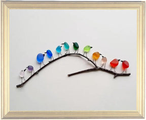 Rainbow Sea Glass Birds, Rainbow Birds on Branch Ornaments (No Frame) - Cykapu