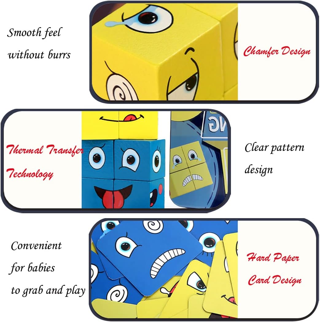 Speed Cube Wooden Expressions Matching Block Puzzles Cute Portable Face-Changing Cube Building Cubes Blocks