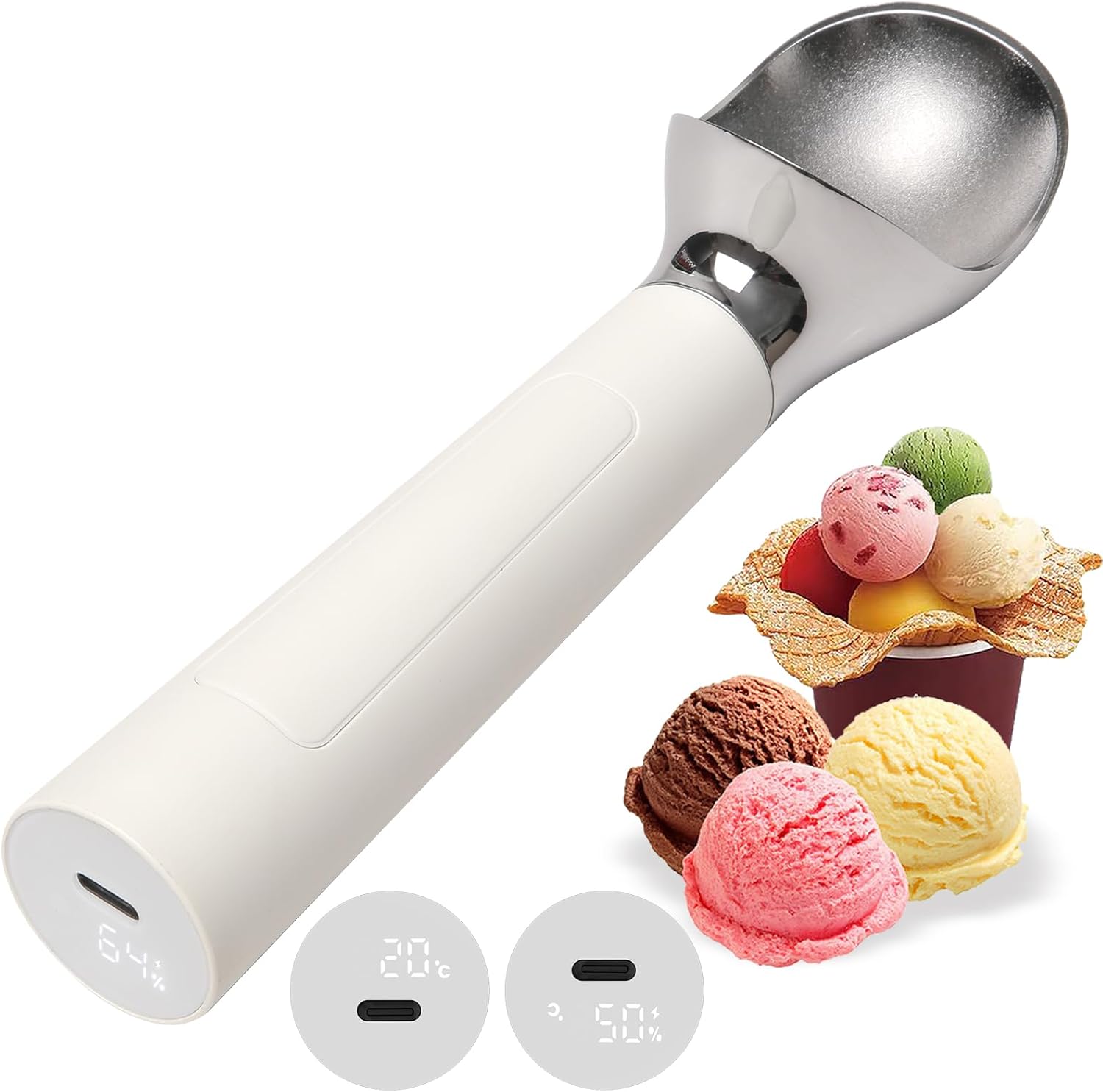 Ice Cream Scoop Rechargeable Battery Heated Ice Cream Scoop for Hard Ice Cream IP67 WaterProof, 2 Oz Per Scoop