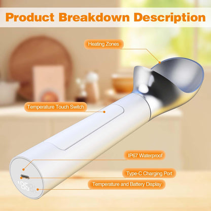 Heated Ice Cream Scoop, Electric Ice Cream Scoops with Rechargeable Battery, Smart Display, Perfect Gift for Ice Cream Lovers, Waterproof Ice Cream Scoop for Dessert Shops and Homes Kitchen Gadgets