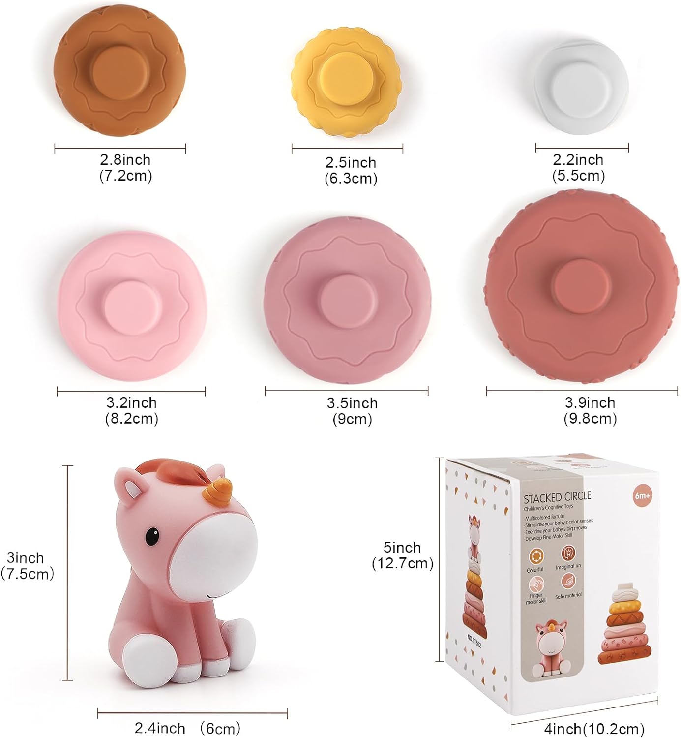 7 Pcs Stacking & Nesting Baby Toys, Squeeze Teething Baby Toys and Building Circle with Pink Horse Figure