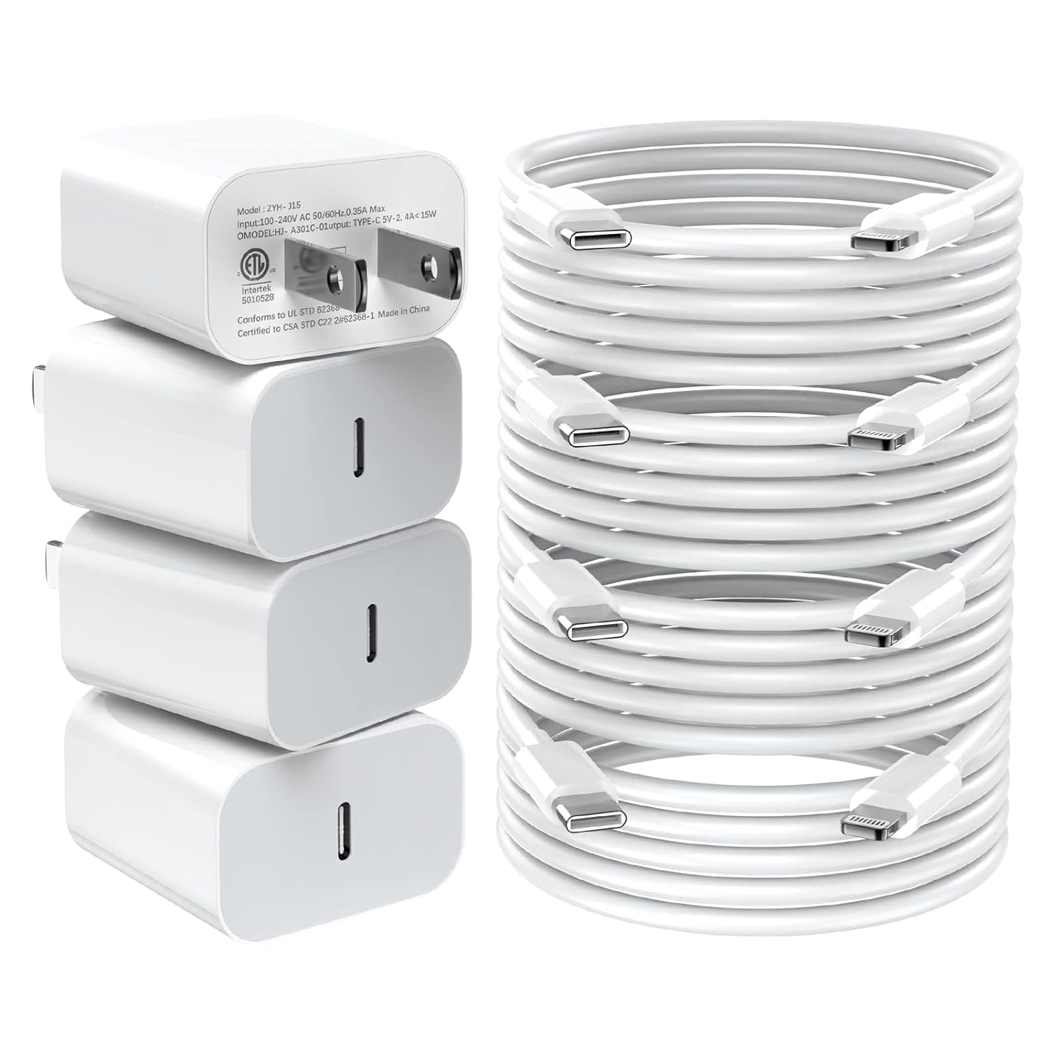 Fast Charger iPhone，[Apple MFi Certified] 20W PD USB C Wall Charger 4 Pack with 6FT Fast Charging Cable Cykapu