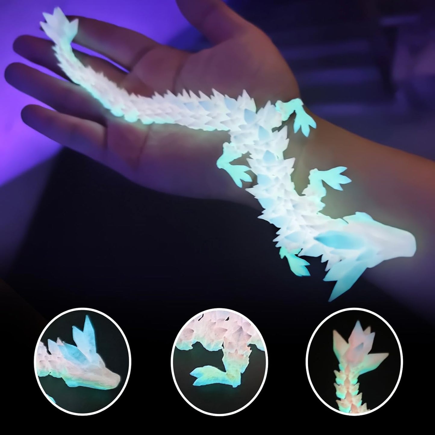 3D Printed Snake Dragon Toys, Flexible 3D Printed Animal Glow in The Dark, Perfect Desk Pet for Animal Collectors, Easter Basket Essentials for Kids, Articulated Crystal Dragon Fidget Toy for Kid Boy