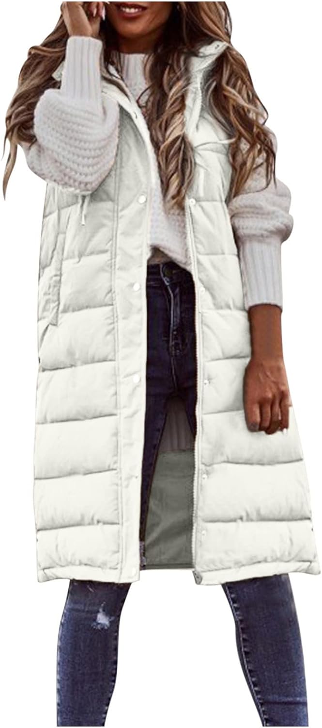 Women's Long Puffer Vest Jacket Sleveless Hoodies Full Zipper Sleeveless Down Coats Thickened Warm Windbreakers Cykapu