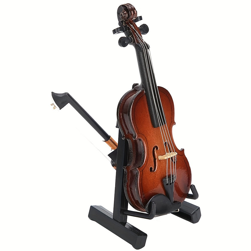Beautiful Wooden Miniature Violin Set: Stand, Bow, Case, And Musical Instrument - Cykapu