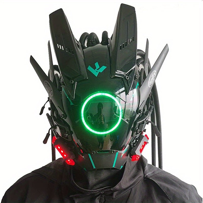 Fashion Cool LED Lights Punk Mask With Tubular Braid，Futurist Science Fiction Mechanical Mask Halloween Cosplay Samurai Masks Music Festival Party Coolplay Accessories For Adults Gift