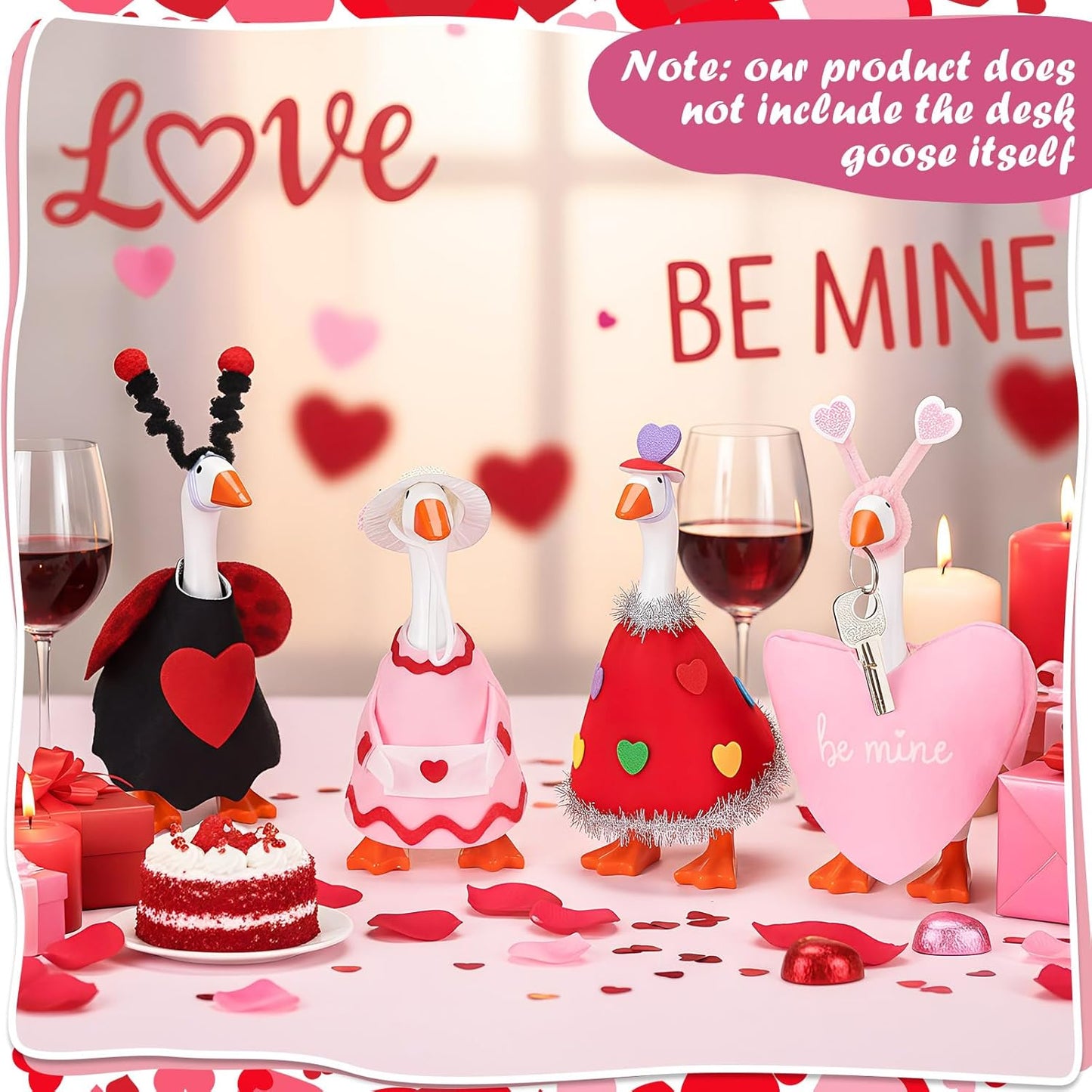 4 Sets Valentine's Day Mini Desk Goose Outfit 7 Inch Magnetic Silly Goose Statue Key Holder Red and Pink Romantic Valentine Clothes for Magnetic Duck Statue Table Desk Key Holder Decor