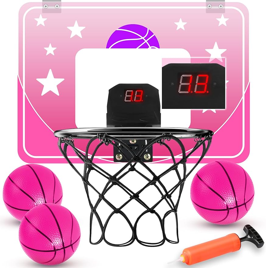 Indoor Basketball Hoop for Kids, Over The Door Mini Basketball Hoop with 3 Balls & Electronic Scoreboard - Cykapu