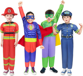 Boys Muscle Chest Dress up Costumes Set Trunk with Superhero, Policeman, Fireman, Kids Pretend Role Play for Kids Ages 4-7 - Cykapu