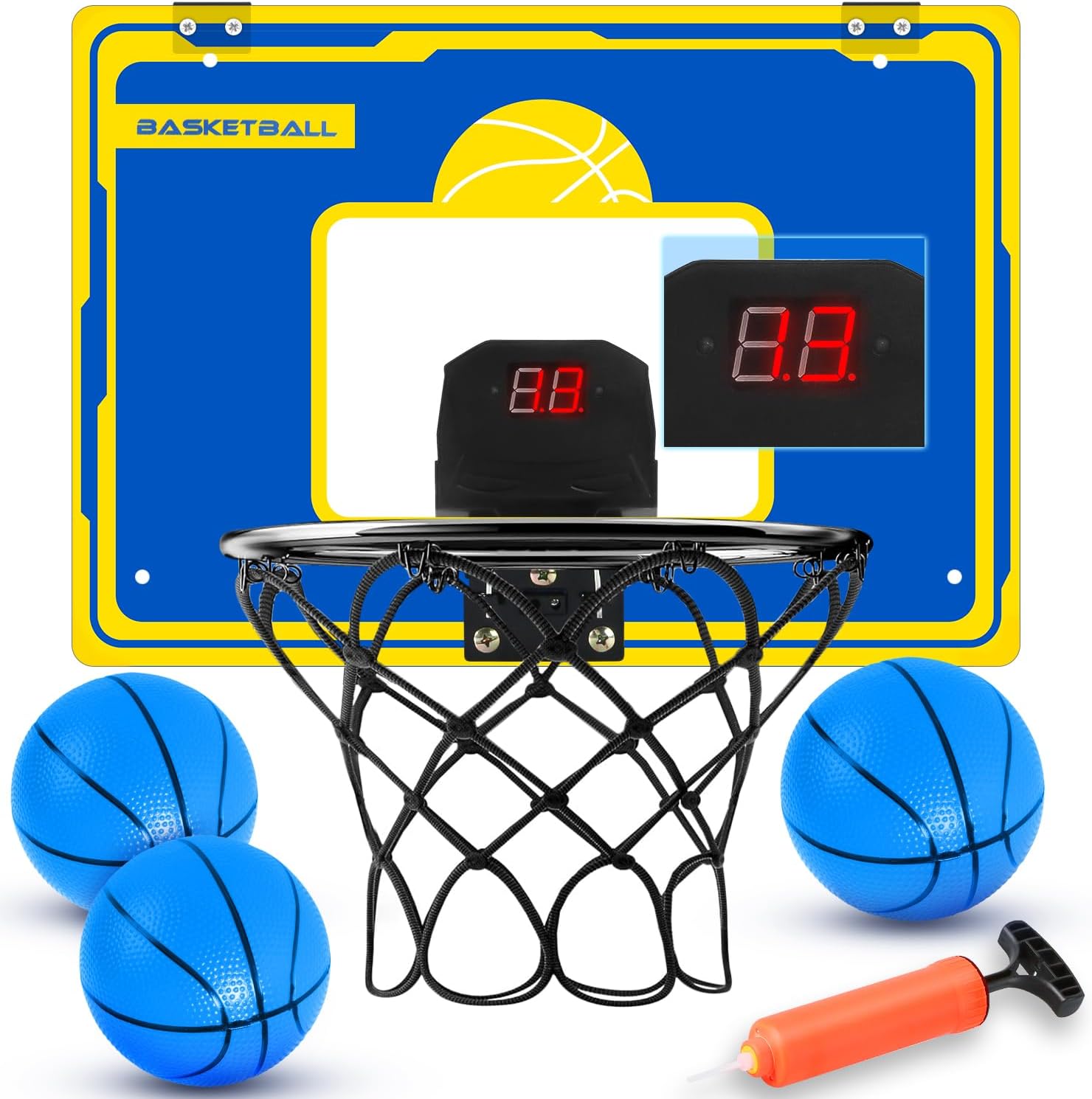 Indoor Basketball Hoop for Kids, Over The Door Mini Basketball Hoop with 3 Balls & Electronic Scoreboard - Cykapu