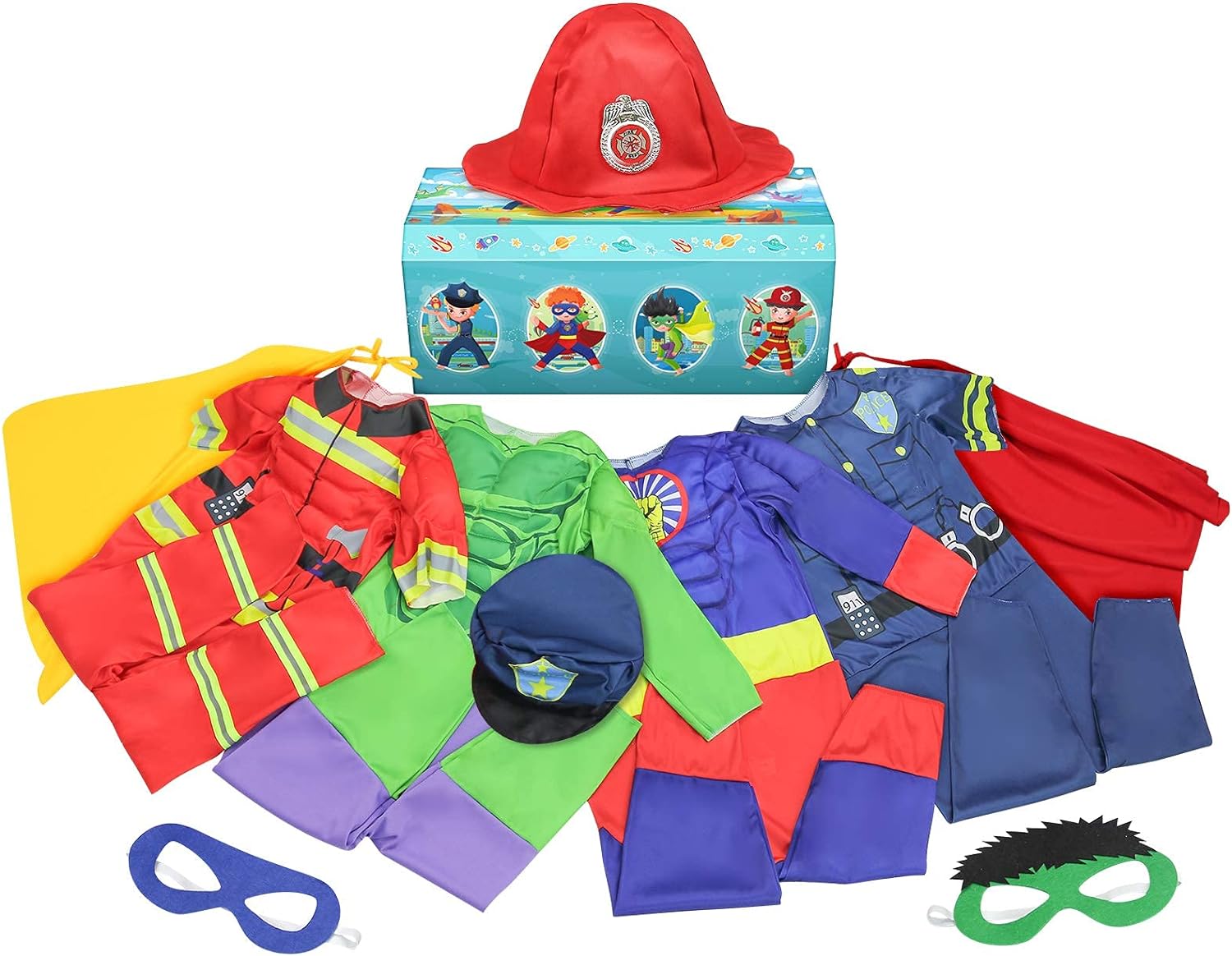 Boys Muscle Chest Dress up Costumes Set Trunk with Superhero, Policeman, Fireman, Kids Pretend Role Play for Kids Ages 4-7 - Cykapu
