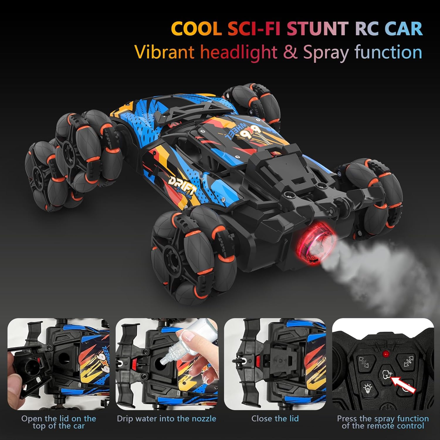 RC Cars 6WD Drift Stunt,Remote Control Car, 360° Rotating Spray Car - Cykapu