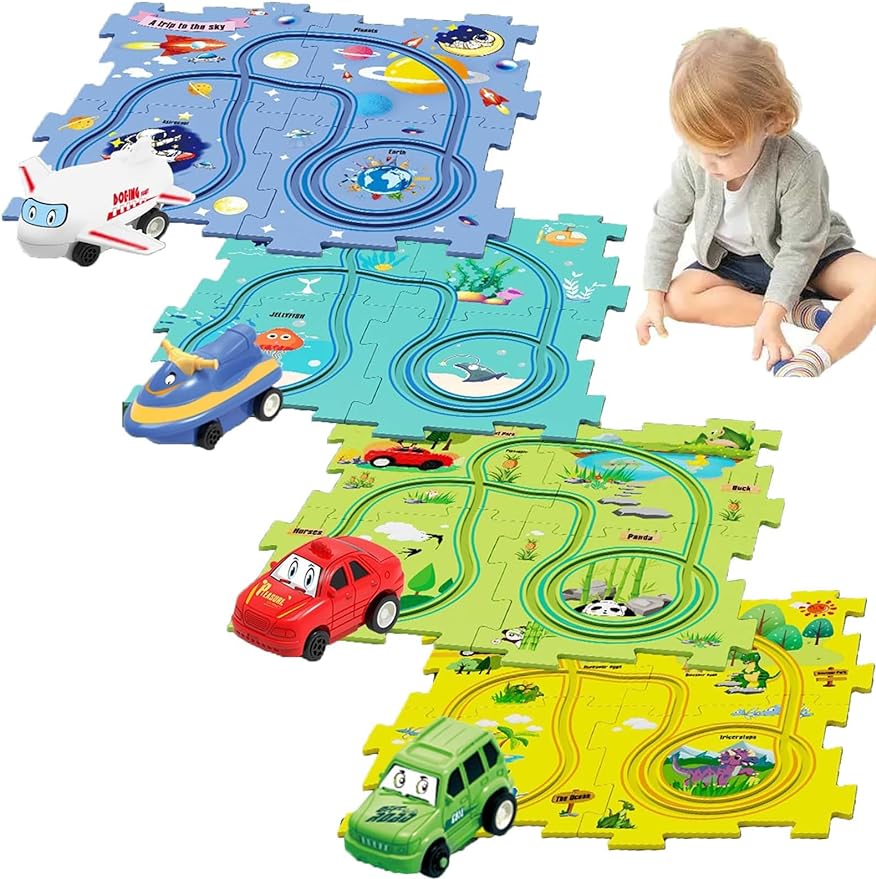 Puzzle Racer Car Track, 25 PCS Puzzle Racer Kids Car Track Set, Puzzle Track Car Play Set - Cykapu