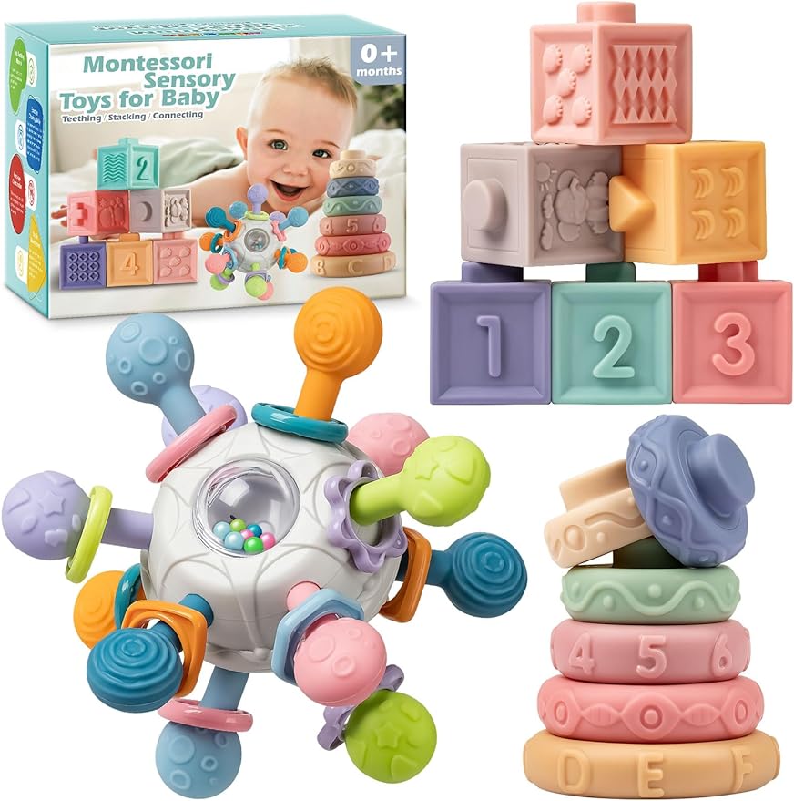 Baby Sensory Teething Toys Set, Incl Newborn Rattle Teether & Baby Blocks & Soft Stacking Rings - Cykapu
