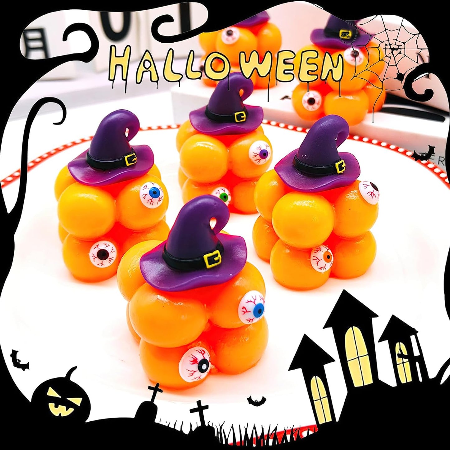 4 Packs Spooky Witch Hat Sticky Halloween Stress Cubes, Halloween Fidget Toys for Stress Relief, Halloween Party Favors Gifts Squishies Halloween Toys for Goodie Bags