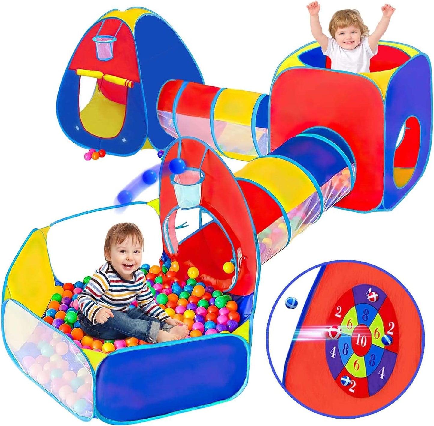 5pc Ball Pit, Play Tent and Tunnels for Kids, 1 Ball Pit, 2 Tents, 2 Crawl Tunnels, 2 Ball Hoop - Cykapu