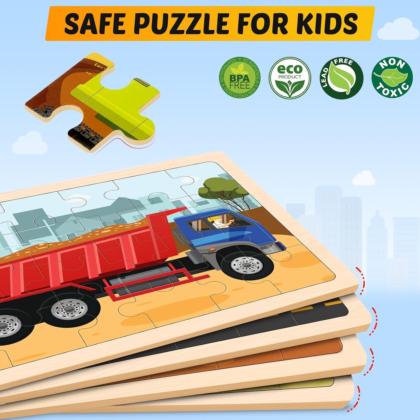 Wooden Puzzles for Kids Ages 3-5, 4 Packs 24 PCS Construction Vehicle Jigsaw Puzzles - Cykapu