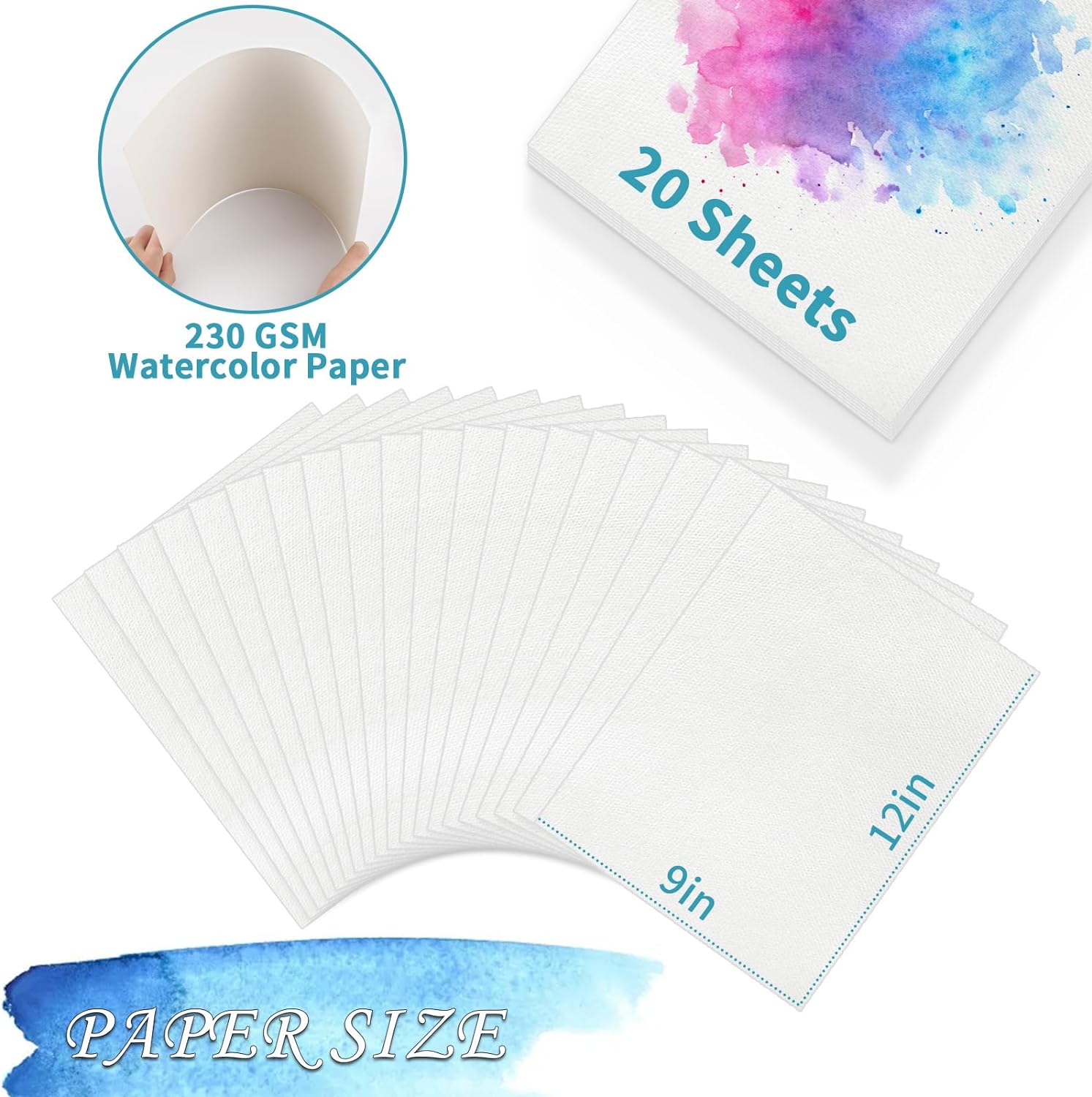 Watercolor Paper, 110 Lb/230 GSM 9" x 12" 20 Sheets Water Color Paper Bulk for Kids Child Students Adults - Cykapu
