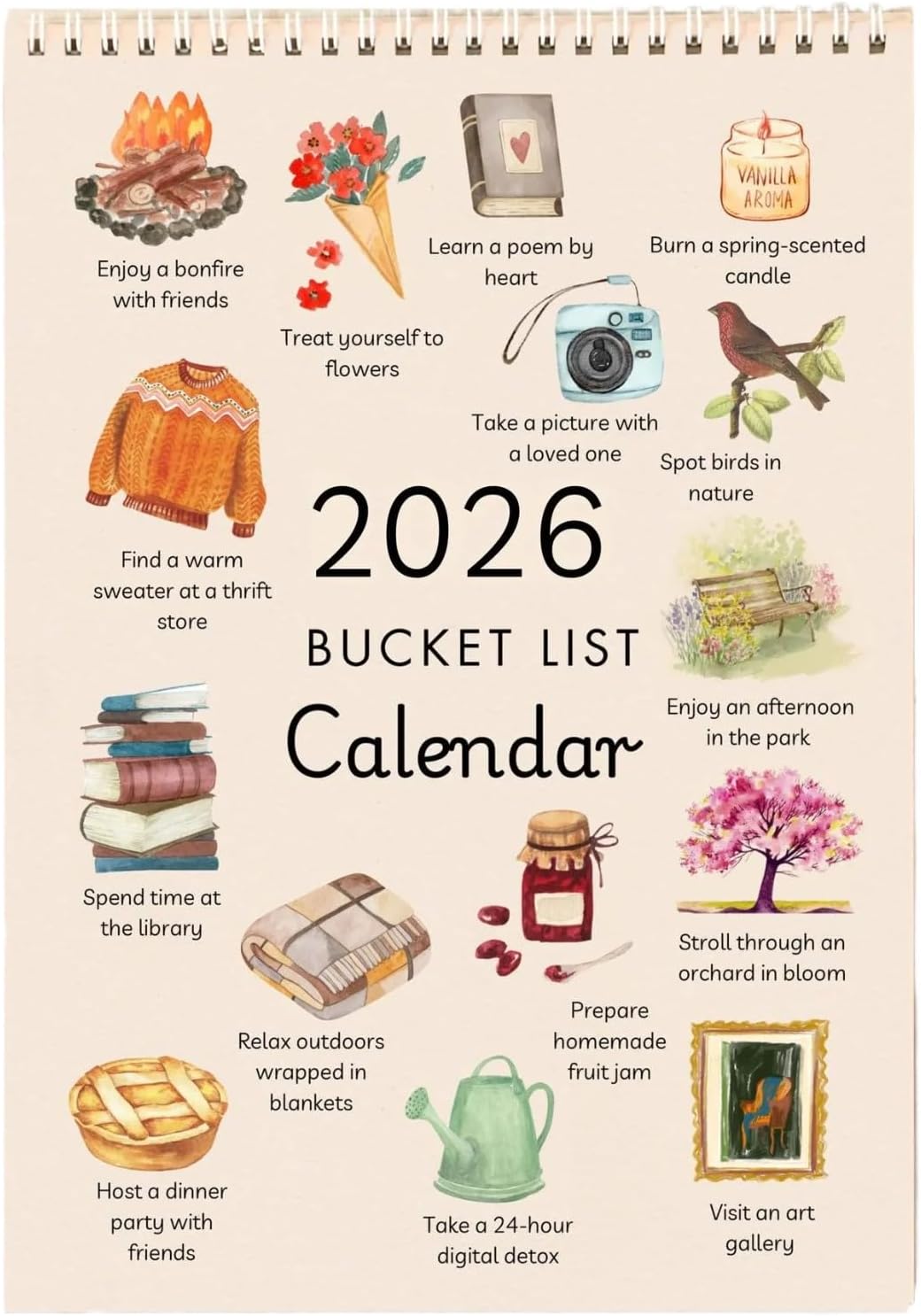 2026 Bucket List Calendar, Art Watercolor Monthly Calendar, Desktop Time Reminder Card