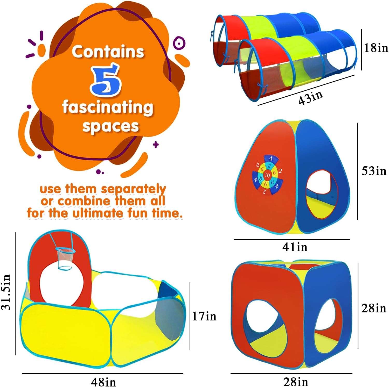 5pc Ball Pit, Play Tent and Tunnels for Kids, 1 Ball Pit, 2 Tents, 2 Crawl Tunnels, 2 Ball Hoop - Cykapu