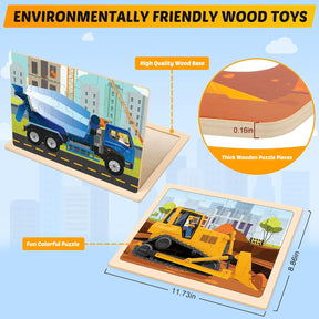 Wooden Puzzles for Kids Ages 3-5, 4 Packs 24 PCS Construction Vehicle Jigsaw Puzzles - Cykapu