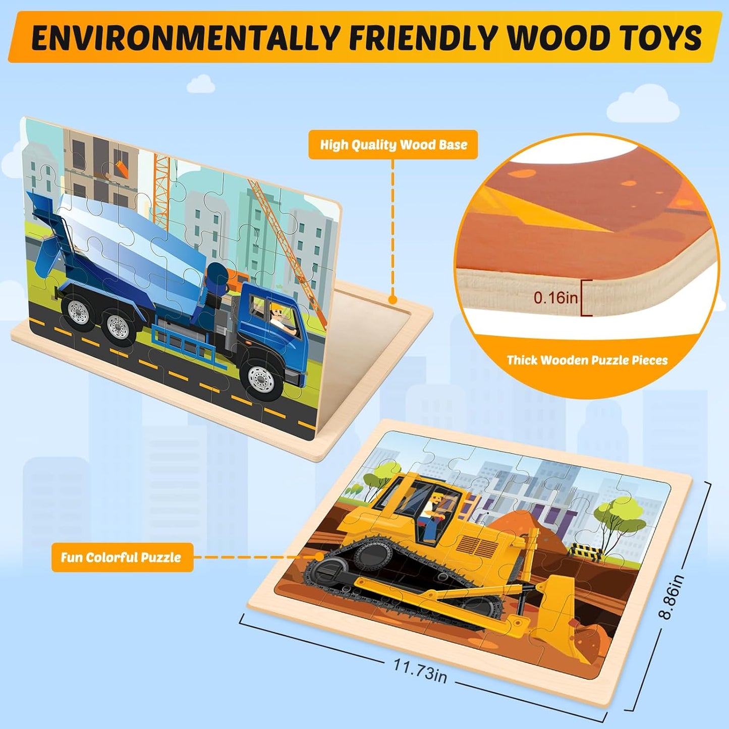 Wooden Puzzles for Kids Ages 3-5, 4 Packs 24 PCS Construction Vehicle Jigsaw Puzzles - Cykapu