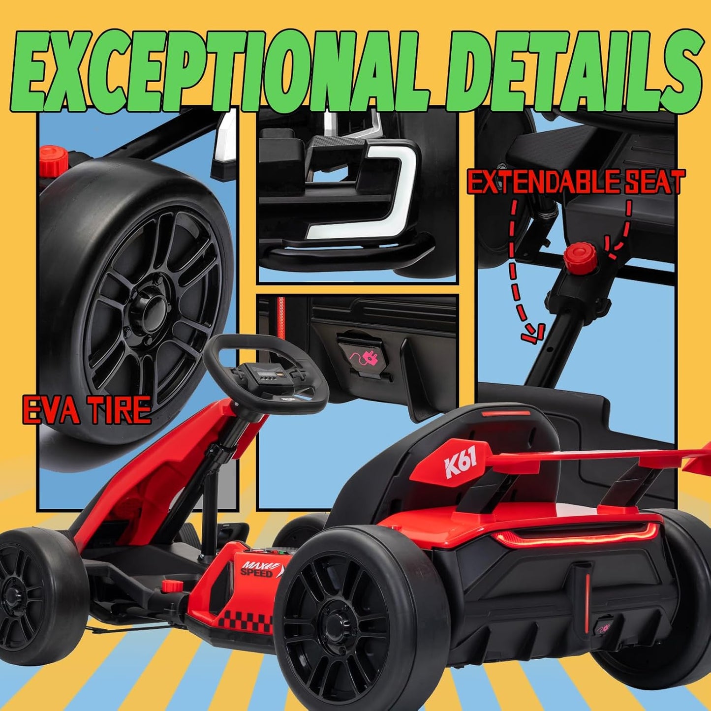 Electric Drift Kart with Length Adjustable Seat, 24V Outdoor Ride on Toy with 4 Speed Mode, Crazy Cart for Kids 6-12 Years Old, Fast 300W Motor, 8.5 MPH, Bluetooth - Red