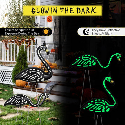 Halloween Decorations 2 Pack Black Flamingo Skeleton,Skeleton Flamingo Glow in The Dark, Zombie Flamingos