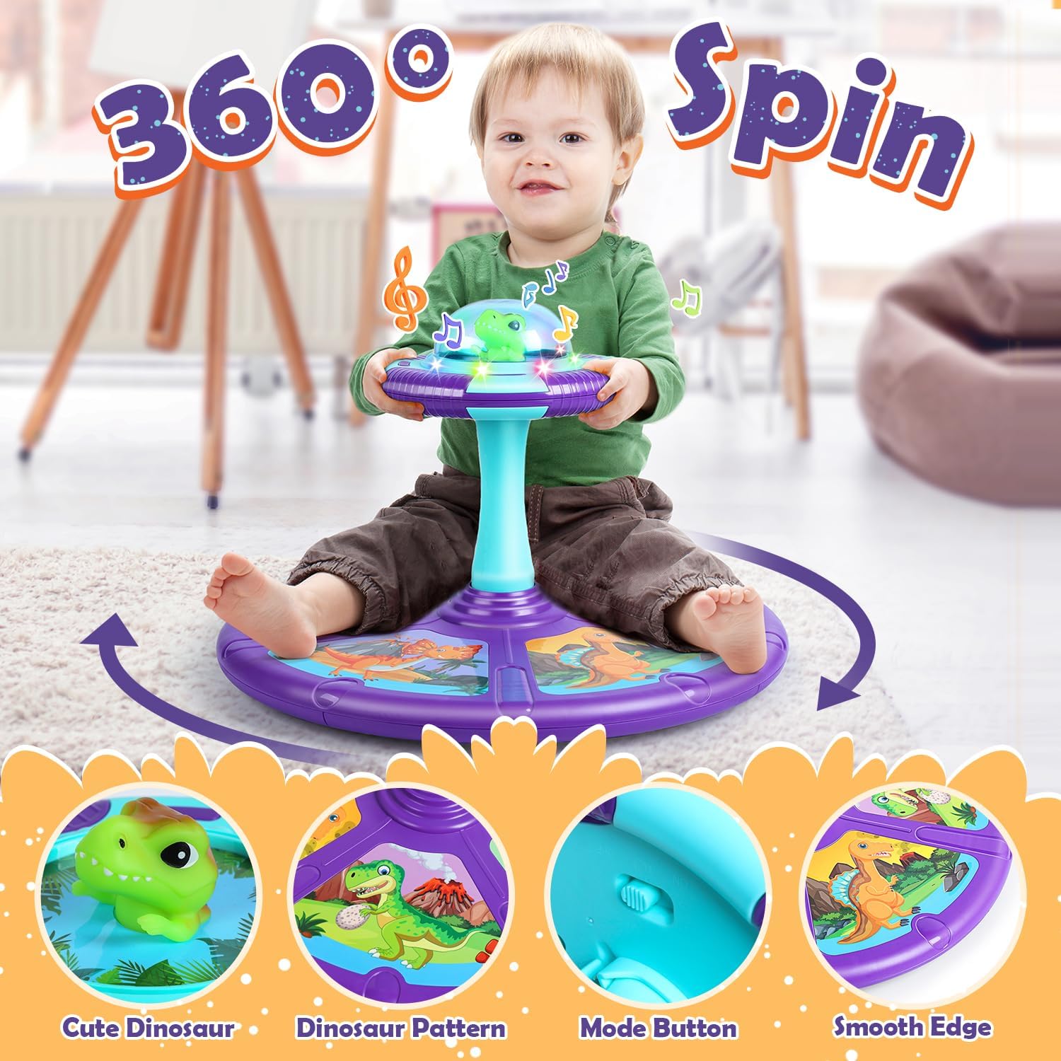 Dinosaur Sit and Spin Toys with LED Light and Music, 360° Spin Activity Toy - Cykapu