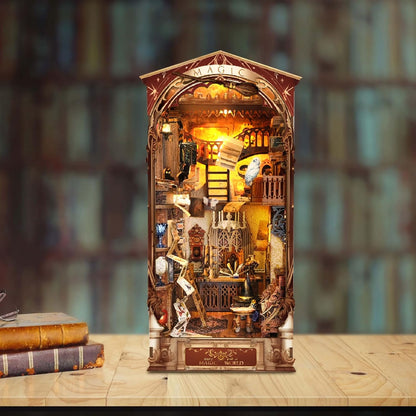 DIY Book Nook Kit, DIY Dollhouse Booknook Bookshelf Insert Decor, 3D Wooden Puzzles with LED - Cykapu