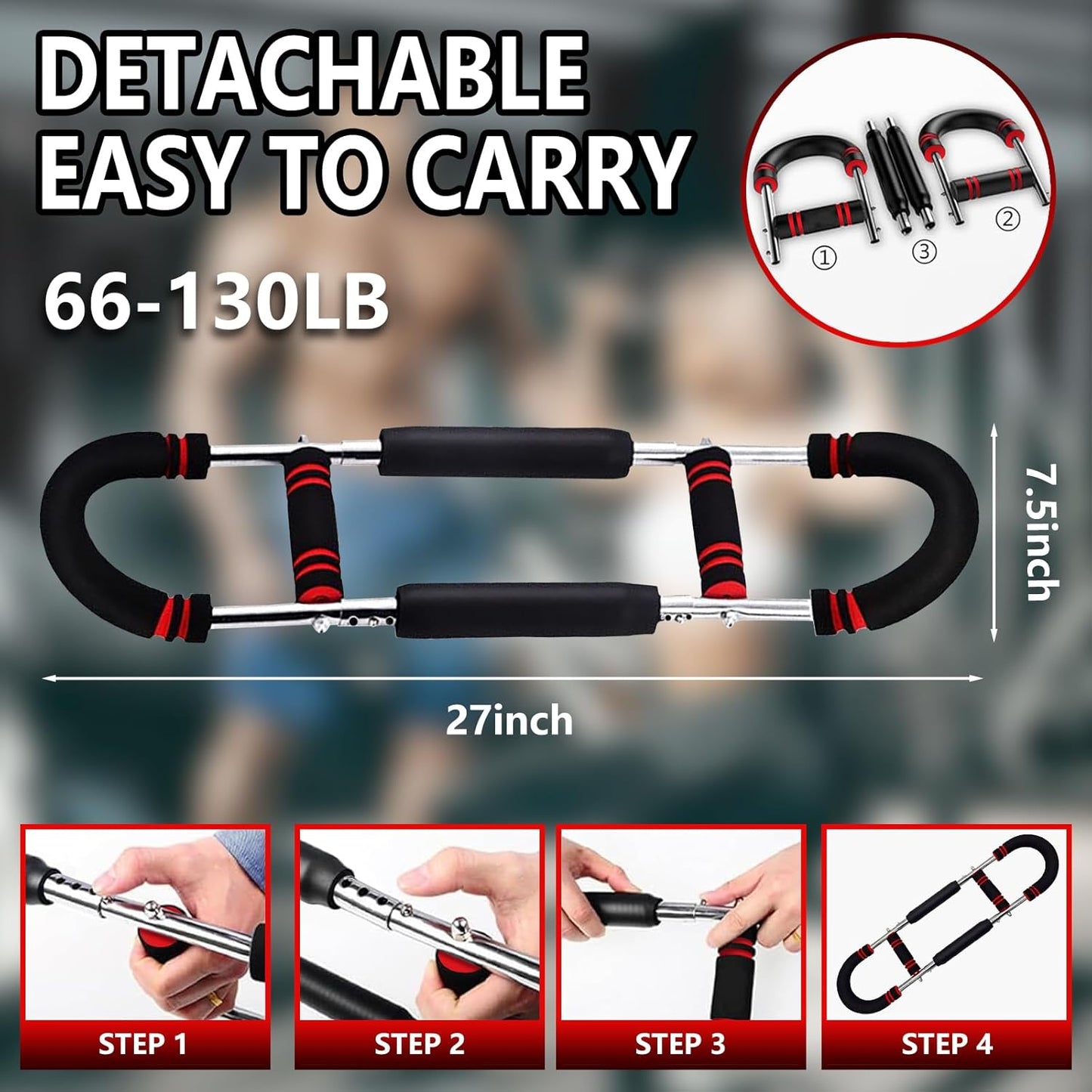Chest Workout Equipment, Twister Arm Traine, 3 Holes Adjustable 66-130lb Portable Detachable Fitness