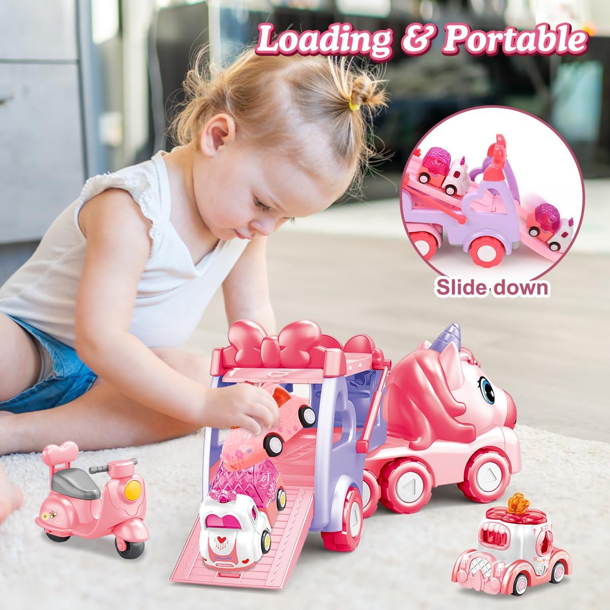 5 in 1 Carrier Truck Car Toys for Girls Toddlers Age 1 2 3+, Unicorn Toy Girl Cars with Music&Light