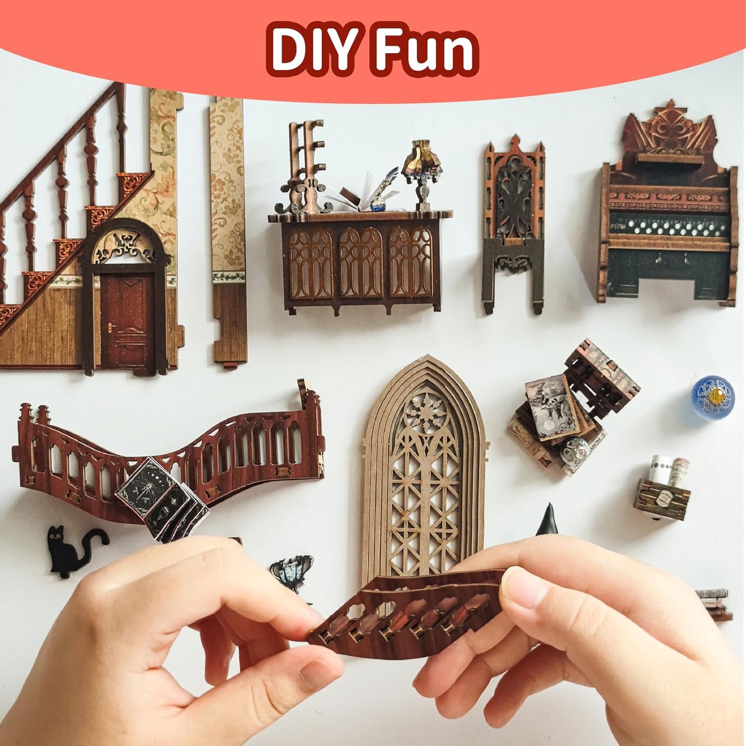 DIY Book Nook Kit, DIY Dollhouse Booknook Bookshelf Insert Decor, 3D Wooden Puzzles with LED - Cykapu