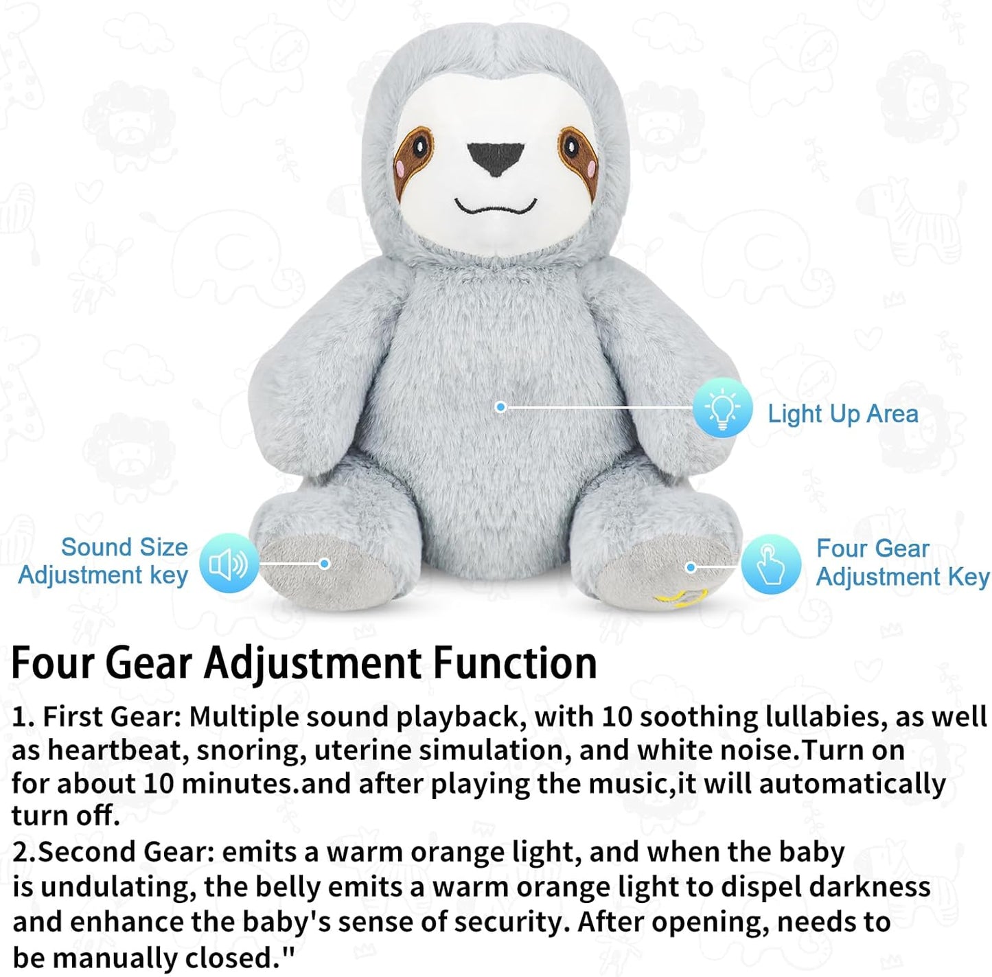Breathing Stuffed Animal, Breathing Sloth, Four Gear Adjustment, Volume Control, Rhythmic Breathing Motion