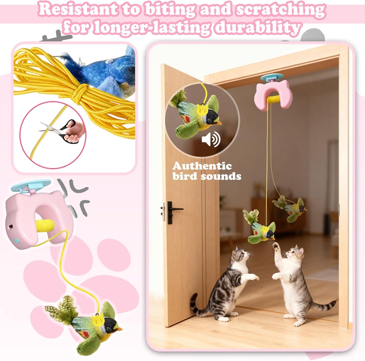Interactive Cat Toys for Indoor Cats, Chirping Bird Cats Feather Toys, Automatic Hanging Door Frame Chase/Hunt/Exercise Stimulate Feather Cat Toy for Bored Indoor Adult & Kitten