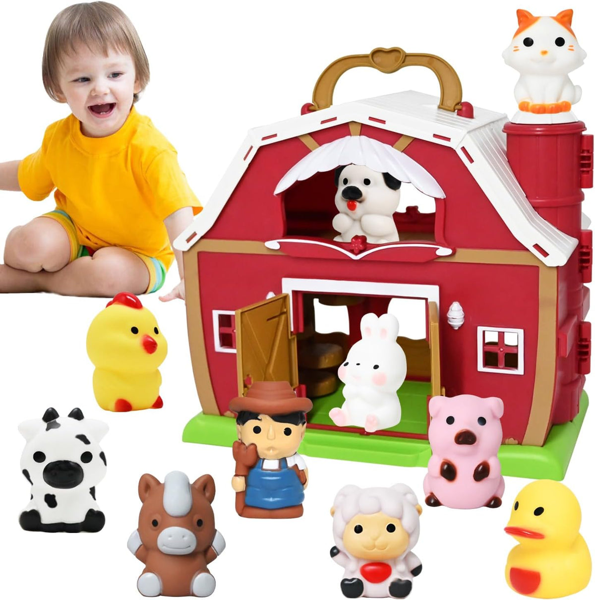 Big Red Barn Toy Farm Animal Finger Puppets, Pretend Farm Playset with Barn & Farmer