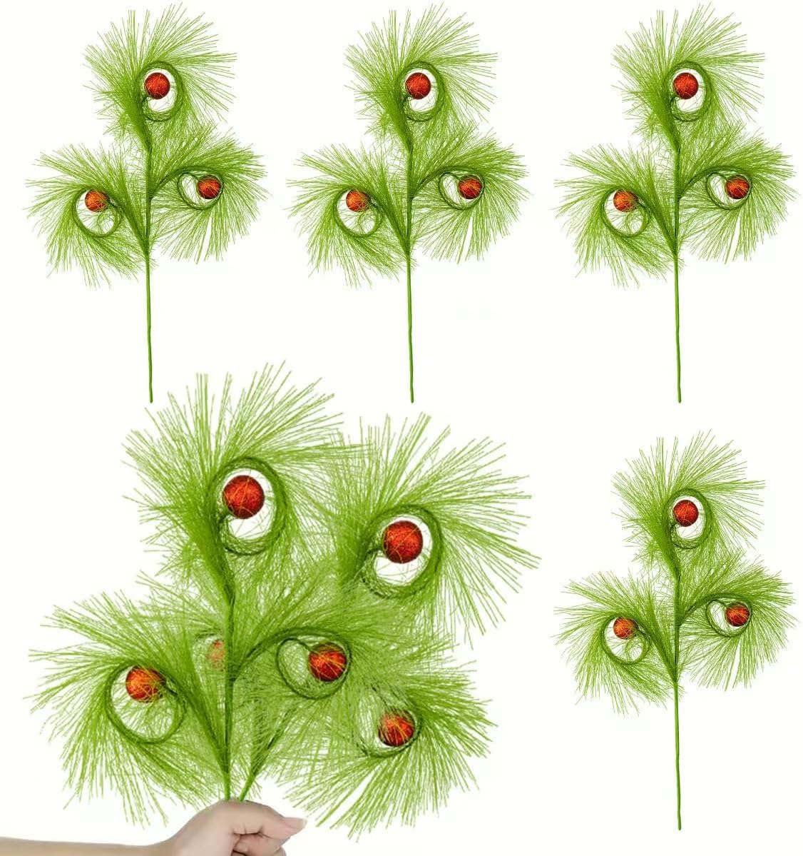 6 Pcs Christmas Tree Topper, 17 Inch Green Curly Tree, Christmas Tree Decorations Vase Fillers Wreath Home Party Crafts Decor
