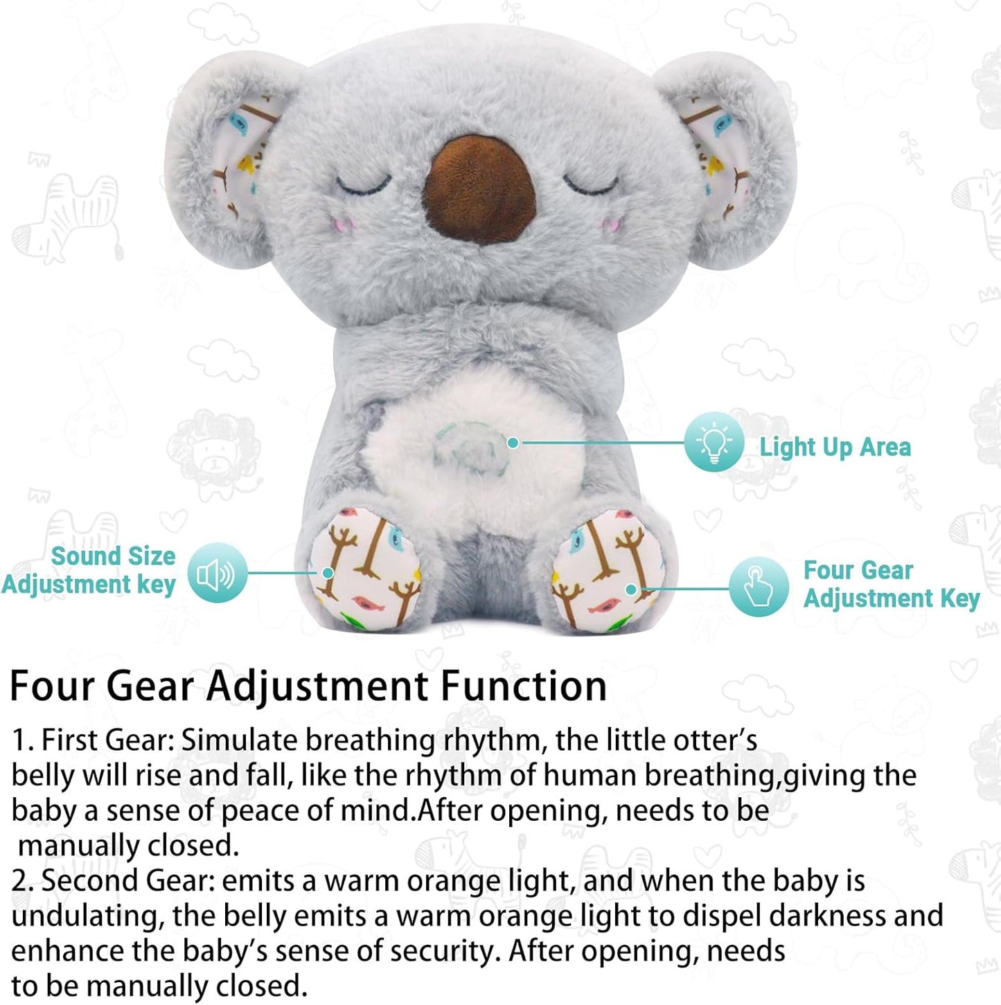 Breathing Plush, Four Gear Adjustment, Volume Control, Rhythmic Breathing Motion with Music Lights, Breathing Motion for Newborns 0+ Months, Perfect for Relieving Baby Quiet, Relieving Breathing Gift