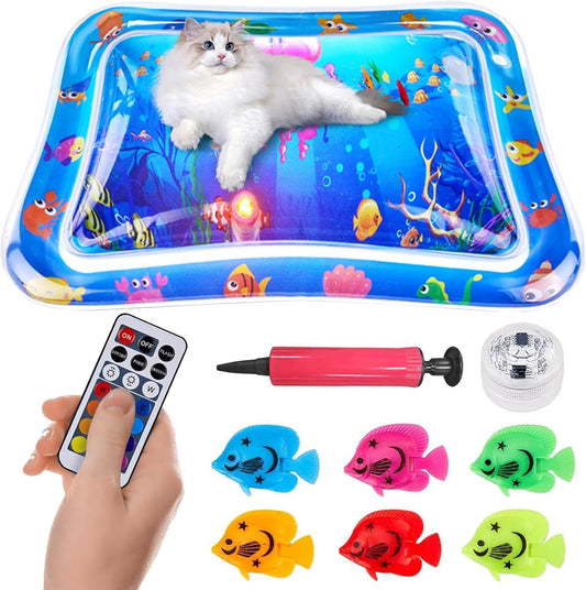 Cat Water Mat, 25x17Inch Multi-Color Lighted Dog Cat Water Play Mat Sensor Playmat with Fish, Water Pet Cooling Mat for Cats, Floating Fish for Indoor Cats Kitten